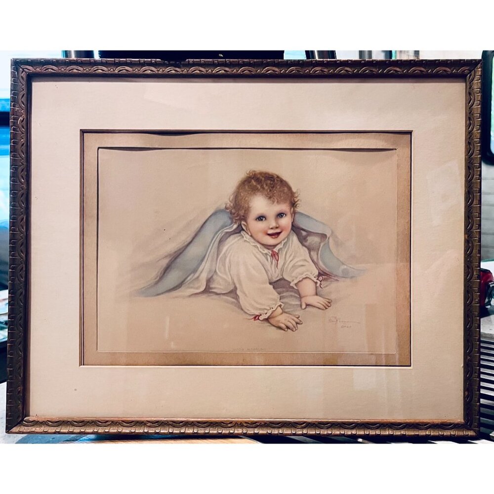 Henry F Wisemann Vintage "Good Morning" Baby Portrait Print Original Frame